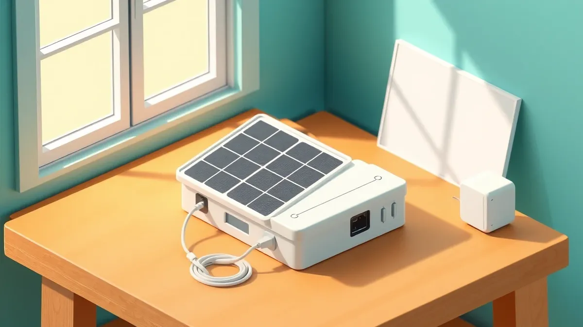 Illustration: A compact solar panel and battery unit sits on a wooden workbench.
