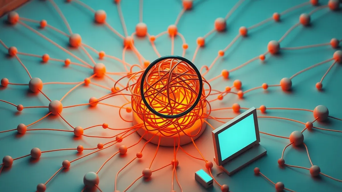 Illustration: A complex web of glowing threads connects to a central hub, with tangled, dark knots forming where too many lines overlap.
