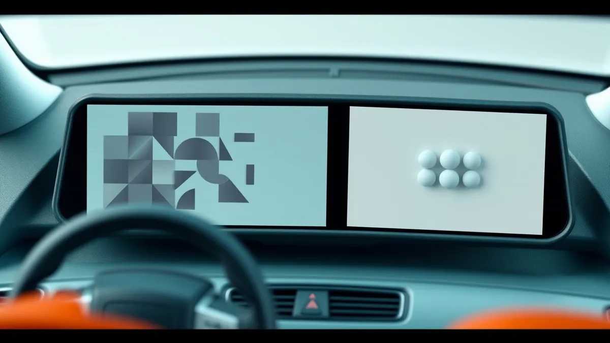 Illustration: A modern car dashboard displays two distinct blank interfaces side by side to illustrate the difference between a full operating system and a limited app suite.