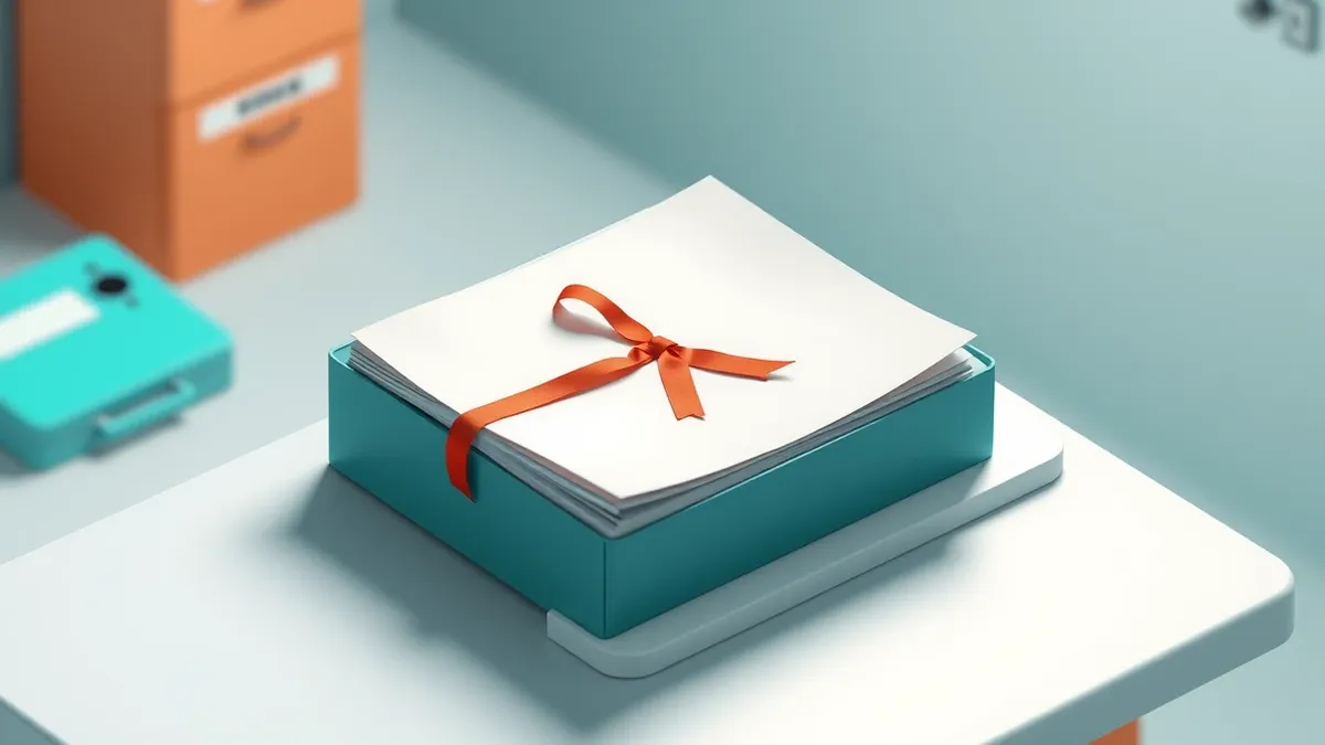 Illustration: A blank medical file folder sits open on a sterile white examination table, its pages slightly curled and disheveled.