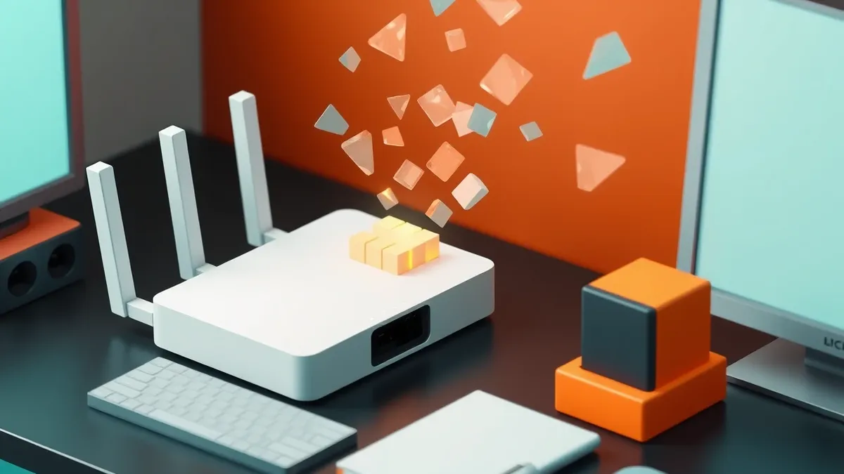 Illustration: A sleek white router sits on a dark desk, surrounded by floating translucent geometric shards.
