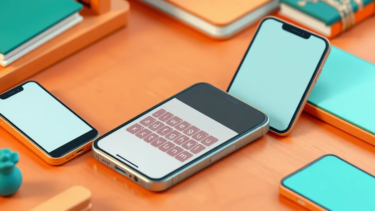 Illustration: A smartphone rests on a wooden table, its screen displaying a virtual keyboard with distinct, non-standard letter shapes for Indigenous languages.