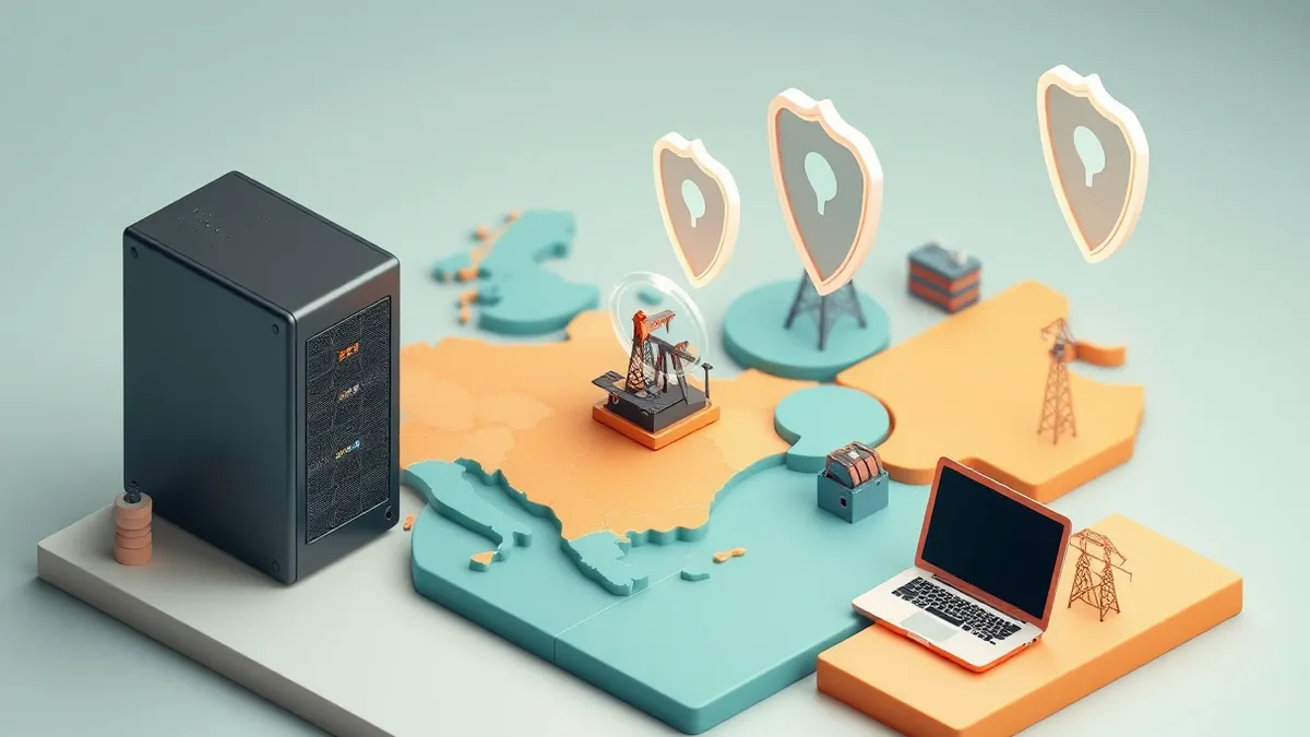 Illustration: A sleek server unit sits beside a stylized map of Europe and the Middle East, with abstract digital shields hovering over industrial icons like oil rigs and power gri
