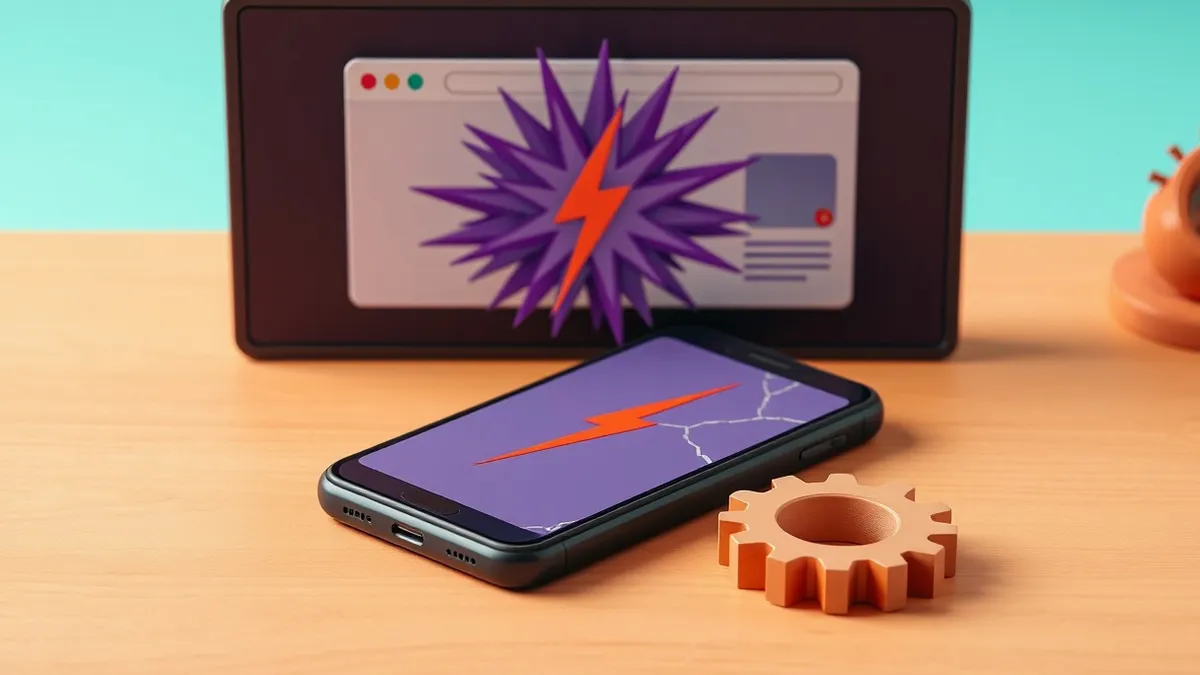 Illustration: A cracked smartphone lies on a wooden desk, its blank screen reflecting a jagged red lightning bolt.