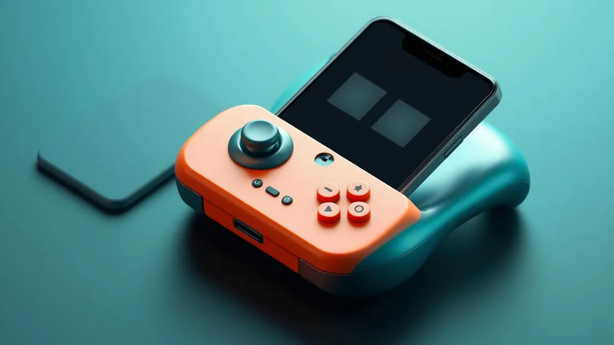 Illustration: A sleek, metallic game controller rests on a dark surface next to a smartphone displaying a minimalist grid of blank squares.