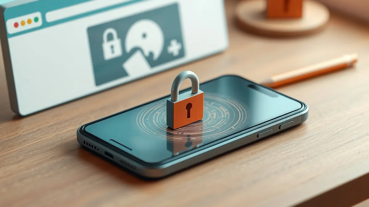 Illustration: A sleek smartphone rests on a wooden desk, its screen displaying a generic lock icon surrounded by swirling, translucent encryption patterns.