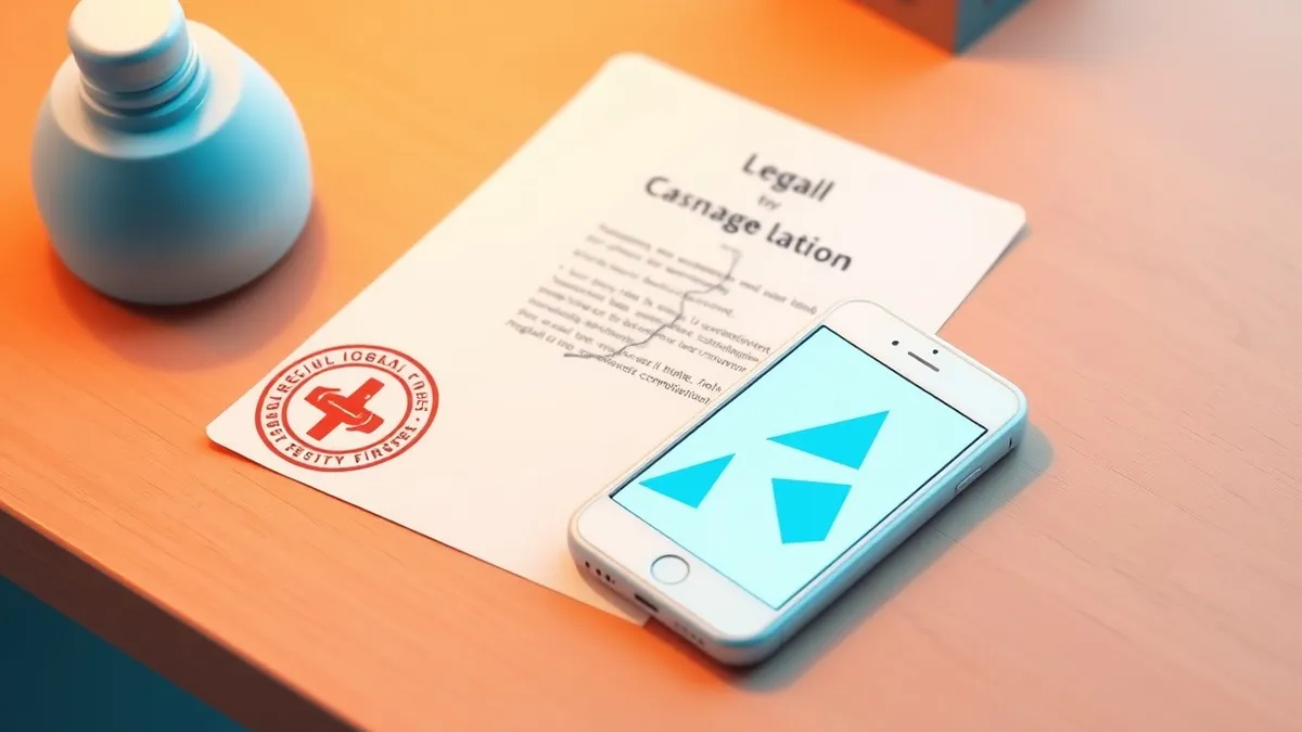 Illustration: A generic white smartphone lies cracked on a wooden desk next to a formal legal document and a red warning stamp.