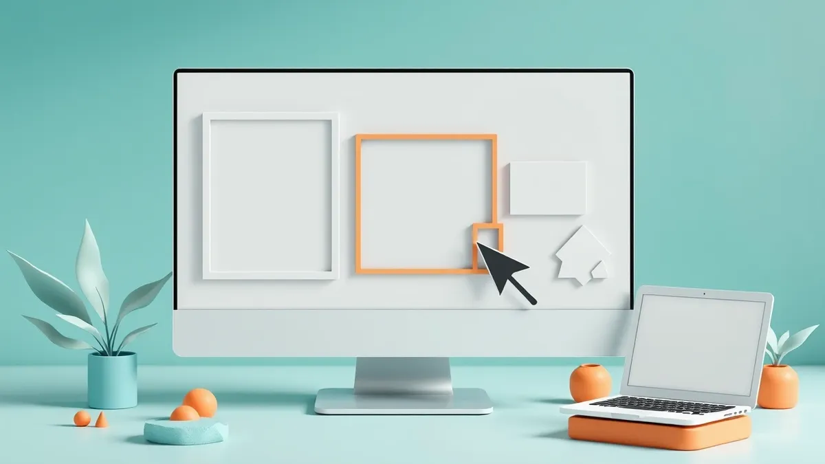 Illustration: A blank computer monitor displays a clean, minimalist interface with several empty rectangular frames and abstract geometric shapes.