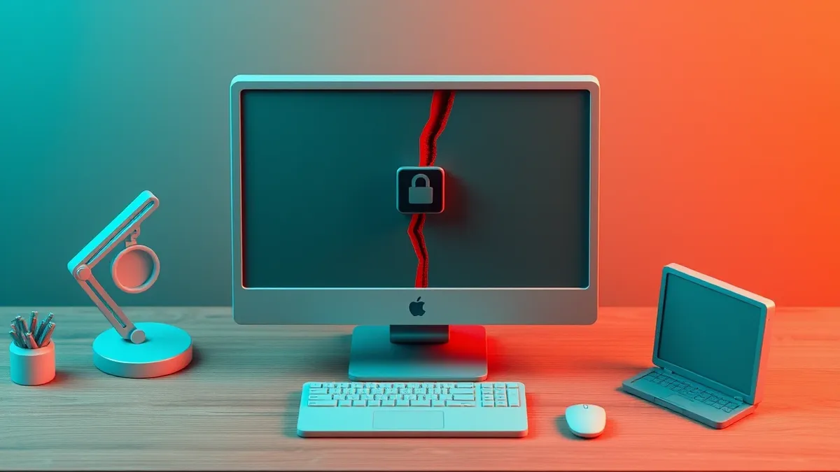 Illustration: A sleek desktop computer sits on a wooden desk with its screen displaying a blank interface.