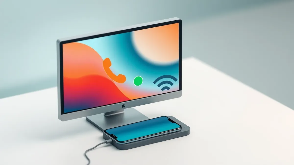 Illustration: A modern desktop monitor sits on a clean desk, displaying a large phone interface with abstract caller shapes.