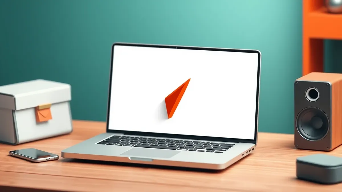 Illustration: A silver laptop sits open on a wooden desk, its screen displaying a stark white interface with a single, jagged red geometric shard piercing through the center.