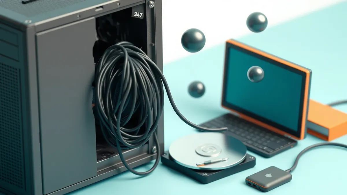 Illustration: A tangled knot of black wires snakes from a cracked desktop tower, emerging as translucent, shapeless blobs floating above the hard drive platter.