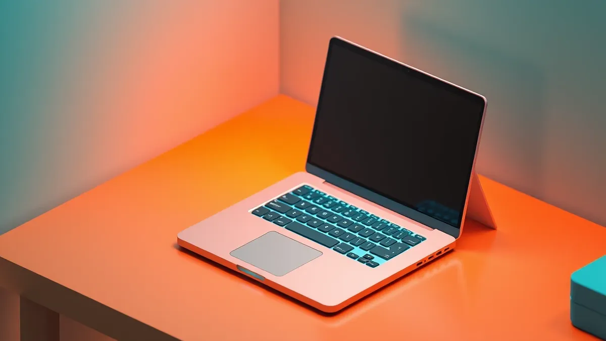 Illustration: A thin laptop lies open on a wooden desk with its lid propped up.
