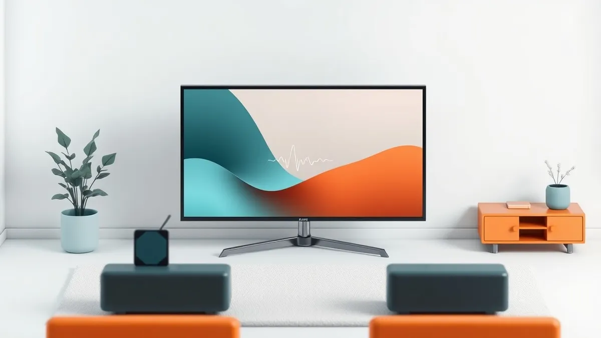 Illustration: A sleek black flat-screen television sits on a minimalist stand in a modern living room.