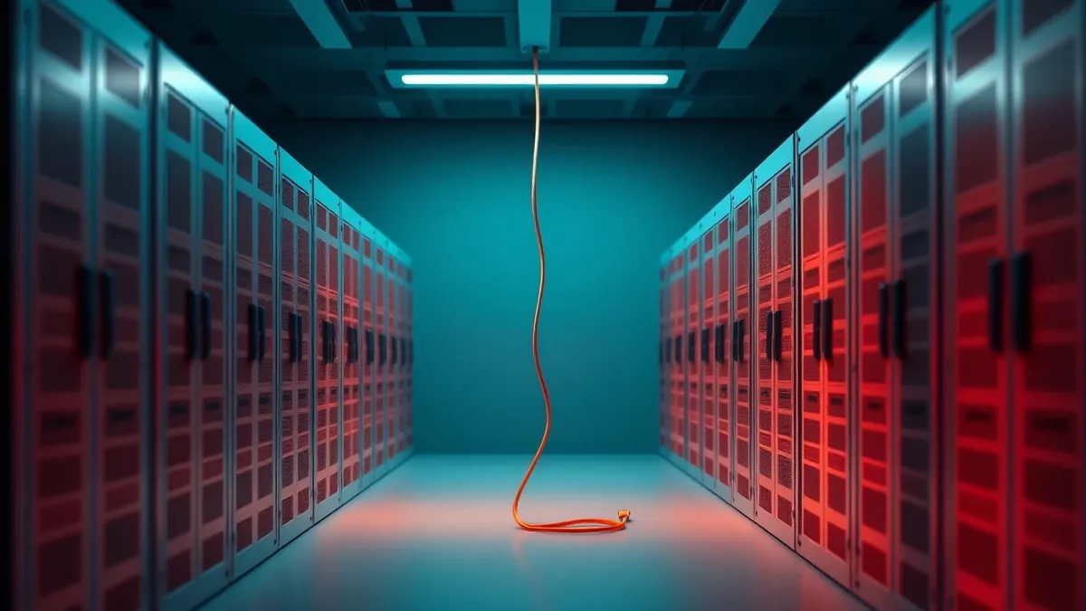 Illustration: A row of empty, rack-mounted server chassis sits in a dimly lit data center aisle.