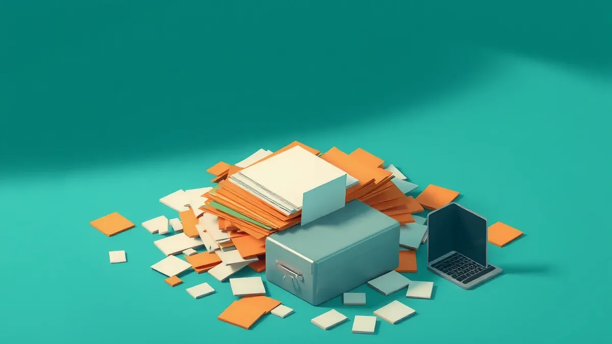 Illustration: A digital sieve sits over a pile of scattered paper files, allowing only a few essential sheets to pass through into a small, secure metal box below.