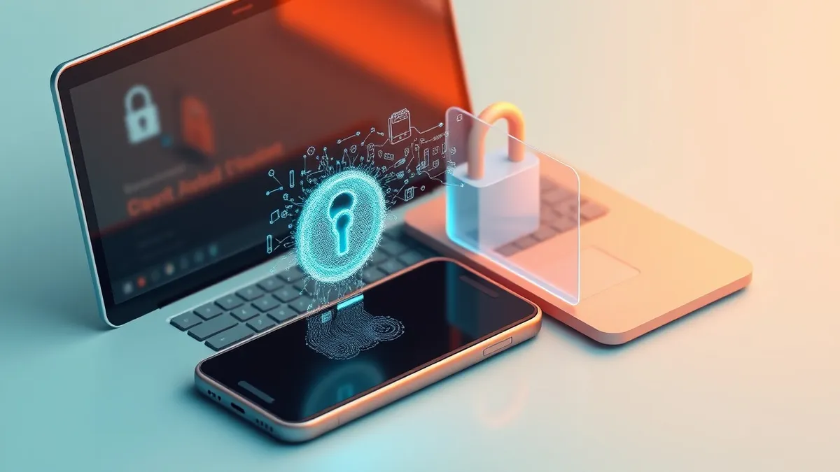 Illustration: A sleek smartphone rests beside a laptop, with a glowing, intricate digital key floating between them.