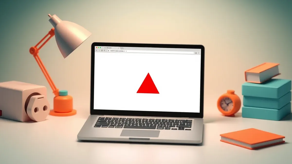 Illustration: A sleek laptop sits on a clean desk, its screen displaying a blank browser window with a large red warning triangle.