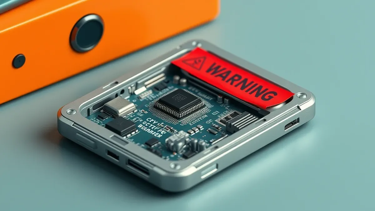 Illustration: A cracked open silver cryptocurrency hardware wallet lies on a wooden desk.
