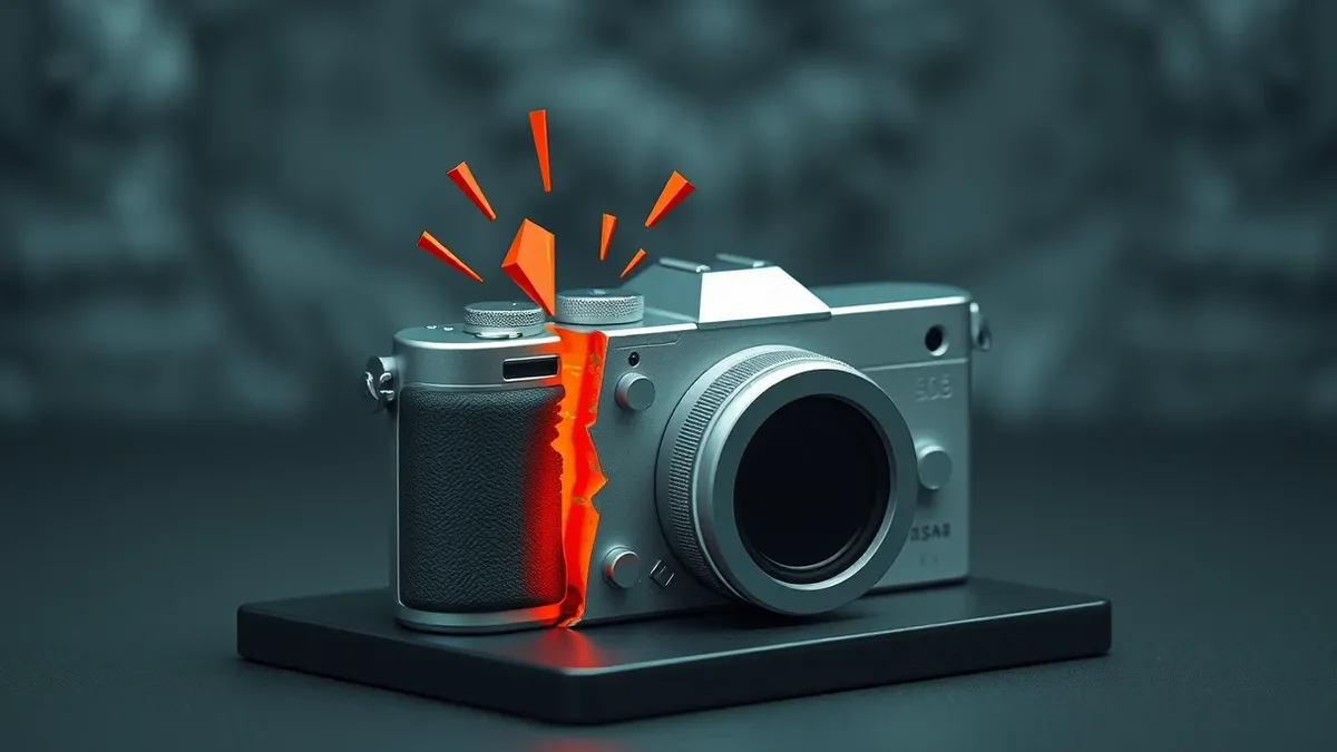 Illustration: A sleek silver digital camera sits on a dark desk, its lens cap removed.