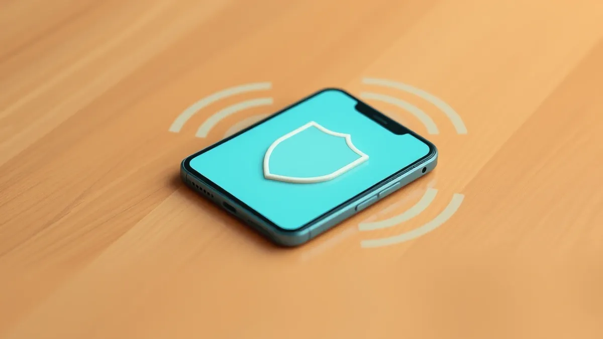 Illustration: A modern smartphone lies on a wooden table, its screen displaying a large abstract shield icon in the center.
