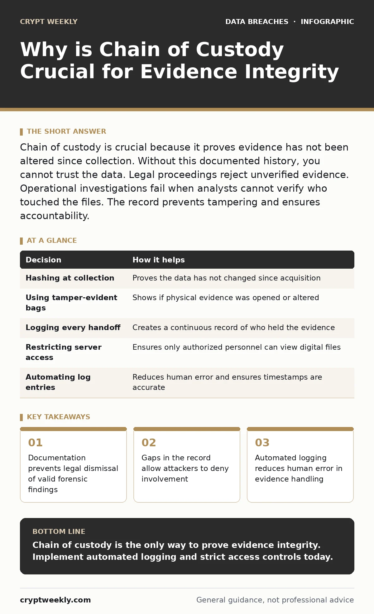 Infographic: Why is Chain of Custody Crucial for Evidence Integrity. Documentation prevents legal dismissal of valid forensic findings Gaps in the record allow attackers to deny involvement Automated logging reduces human error in evidence handling