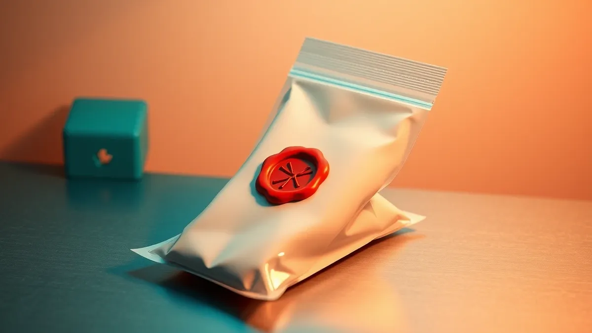 Illustration: A sealed forensic evidence bag rests on a sterile metal table under bright clinical lighting.