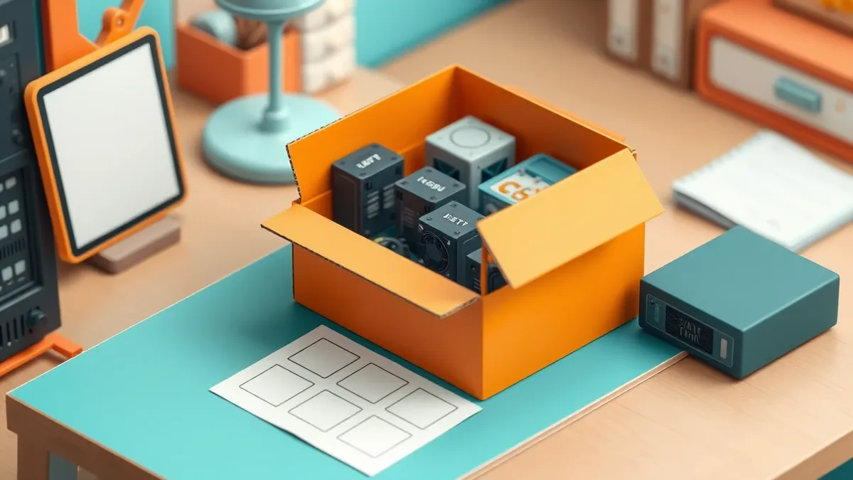 Illustration: A colorful cardboard box sits on a small wooden desk, filled with miniature plastic models of server racks and cooling fans.