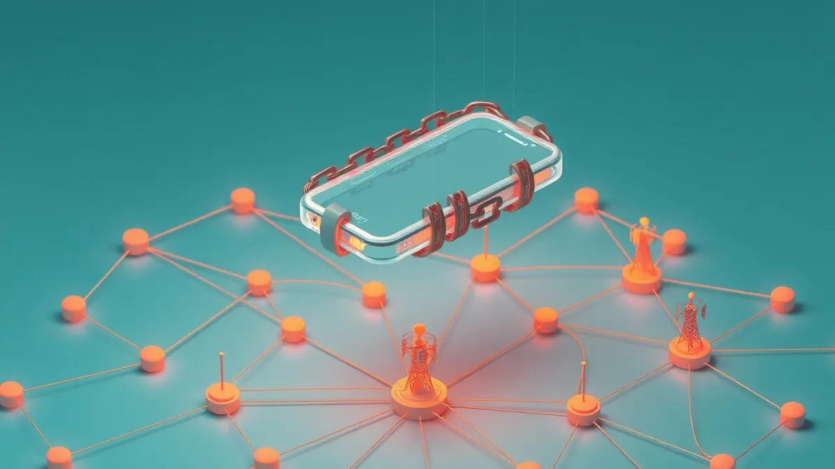 Illustration: A translucent smartphone floats above a complex network of glowing connection lines.