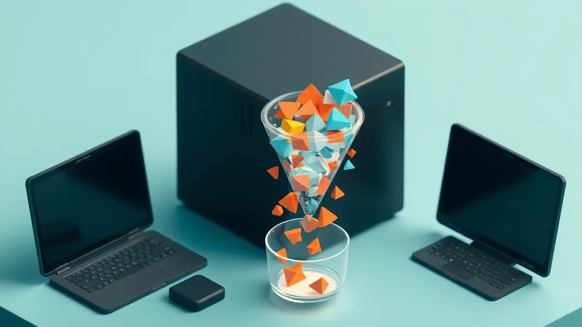 Illustration: A sleek black server box sits on a desk, with a translucent stream of abstract geometric shapes flowing from its port.