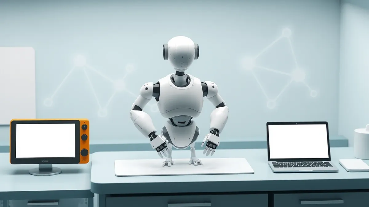 Illustration: A white, two-armed robotic manipulator stands on a laboratory bench with its hands resting near a blank metallic surface.