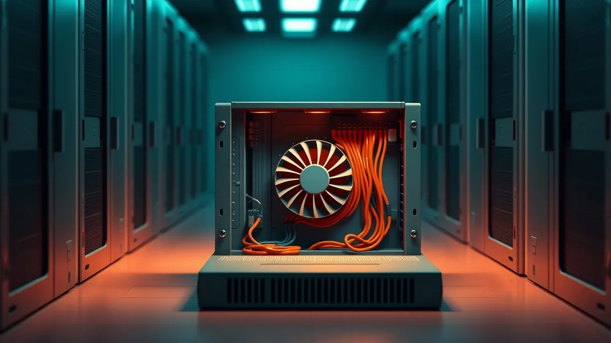 Illustration: A generic backup server sits in a dimly lit data center corridor with its chassis open, revealing tangled internal wiring and a small, overheated cooling fan spinning