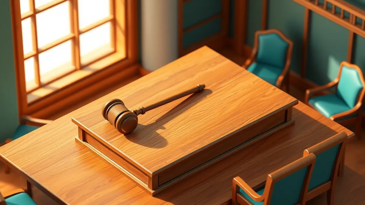 Illustration: A solitary wooden gavel rests on a heavy oak desk, its surface blank and unadorned.