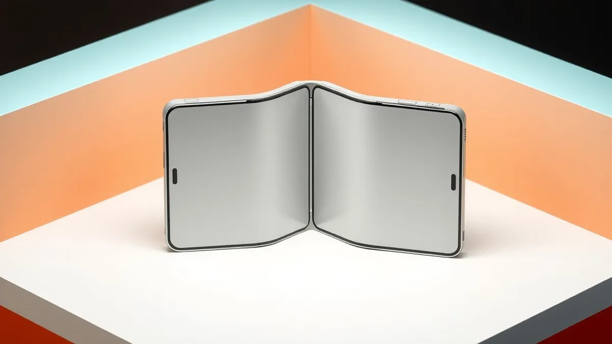 Illustration: A sleek silver folding smartphone rests open on a minimalist white retail counter, its hinge clearly visible.