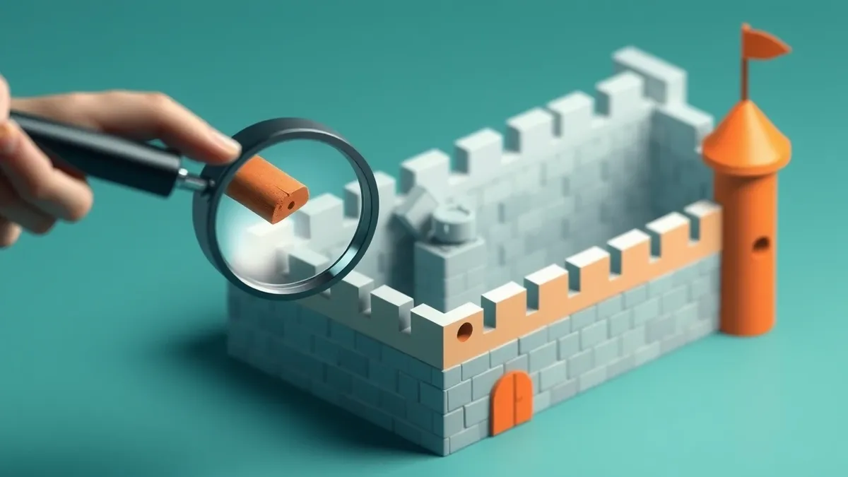 Illustration: A magnifying glass hovers over a single cracked brick on a short stone wall, highlighting one isolated weak point nearby while a shadowy hand reaches from behind a ta
