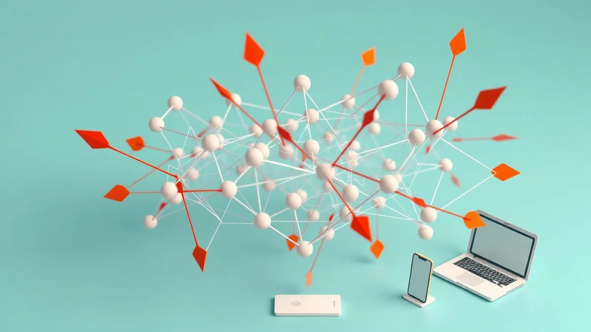 Illustration: A tangled web of translucent geometric nodes floats in mid-air, with sharp red arrows piercing through weak connection points between the shapes.