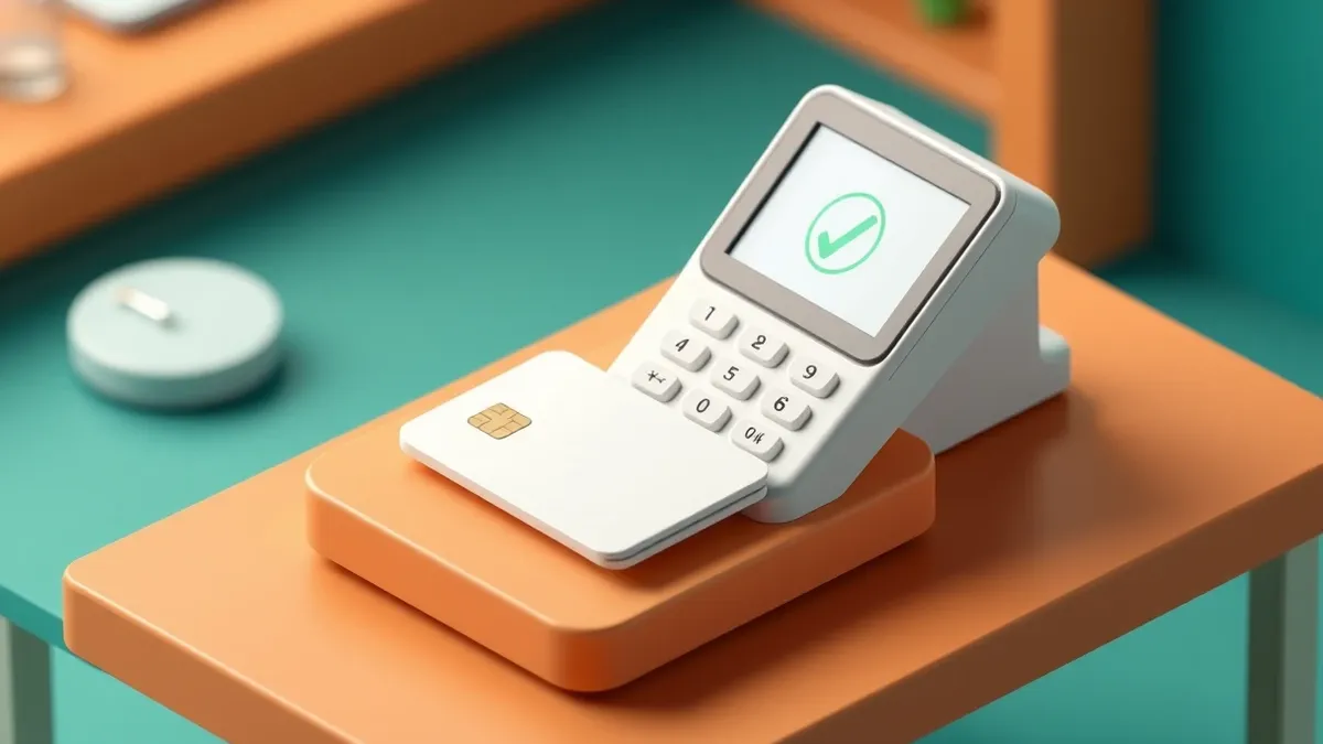 Illustration: A sleek white payment card with a blank chip rests on a smooth wooden table next to a modern point-of-sale terminal.