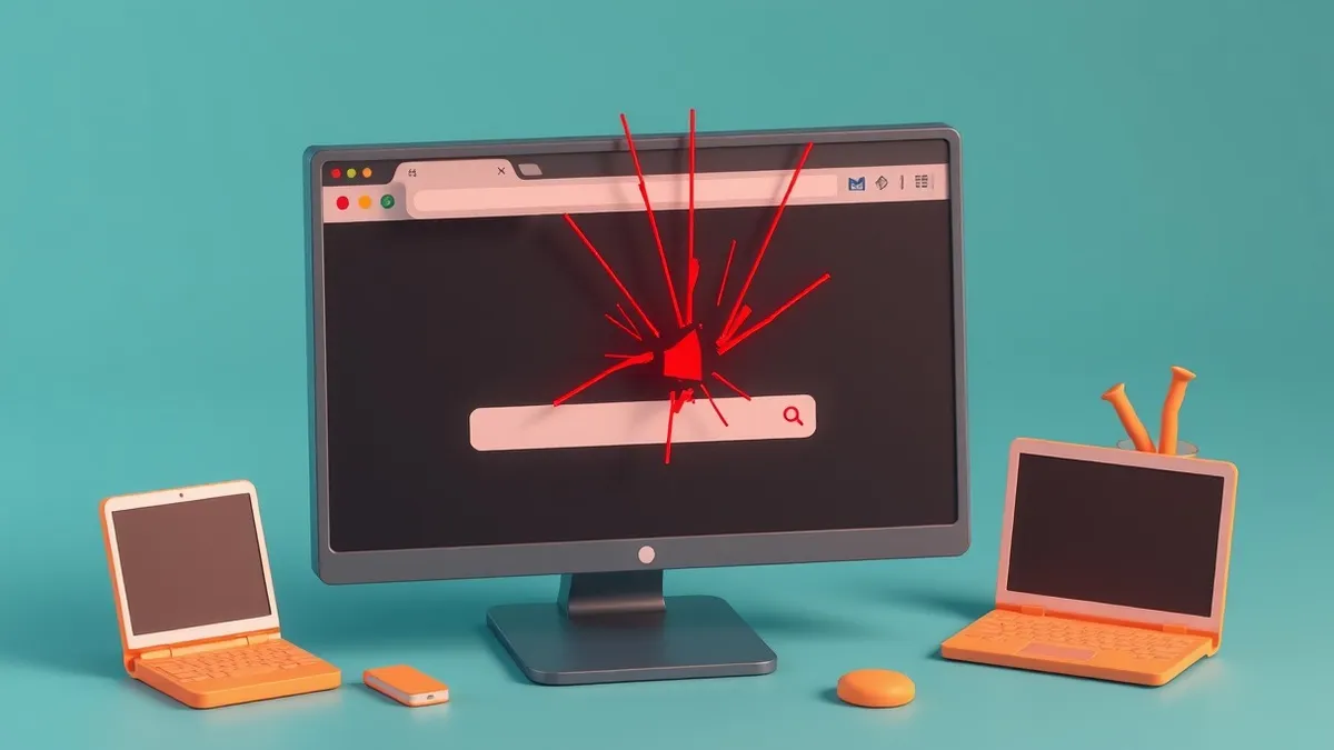 Illustration: A sleek desktop monitor displays a web browser window with multiple blank extension icons clustered in the upper right corner.