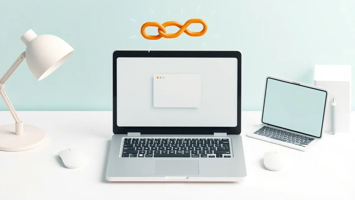 Illustration: A sleek laptop sits on a clean white desk, its screen displaying a minimalist web browser with a single, empty tab.