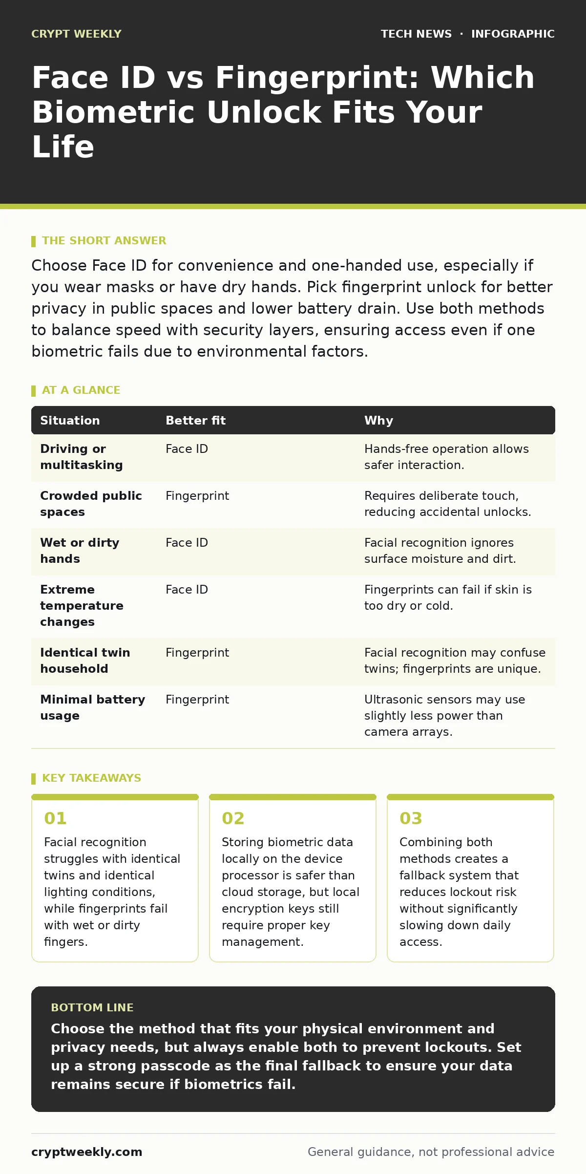 Infographic: Face ID vs Fingerprint: Which Biometric Unlock Fits Your Life. Facial recognition struggles with identical twins and identical lighting conditions, while fingerprints fail with wet or dirty fingers. Storing biometric data locally on the device processor is safer than cloud storage, but