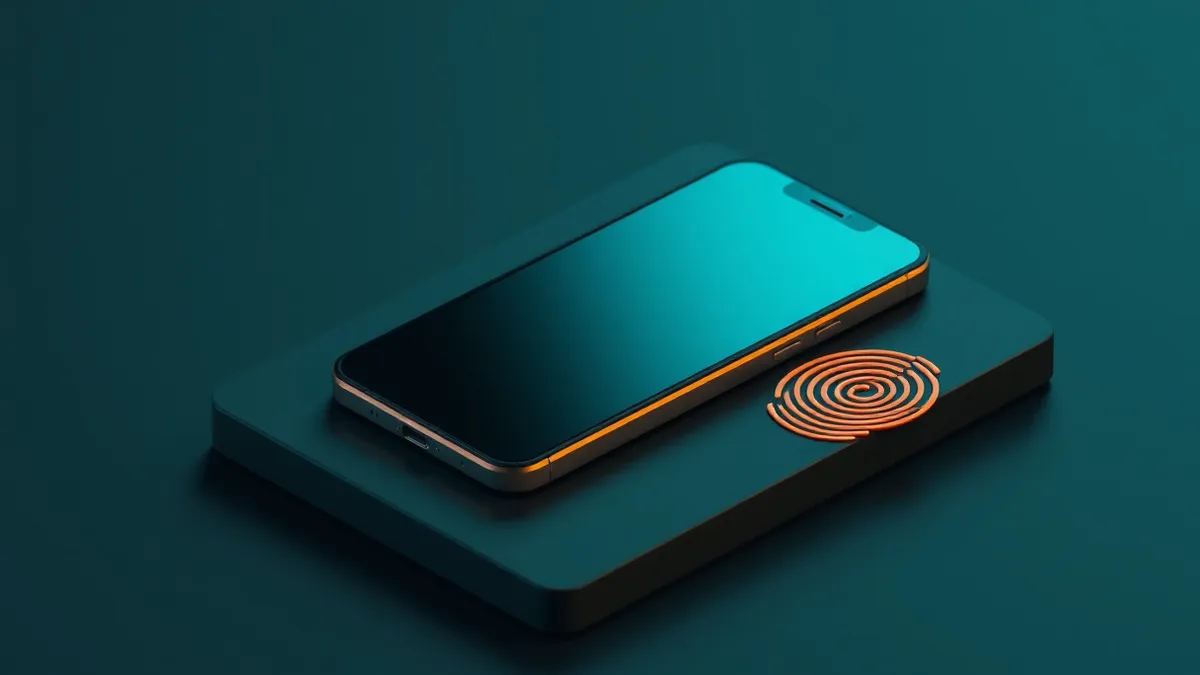 Illustration: A sleek smartphone rests on a dark surface next to a stylized eye and a fingerprint swirl.