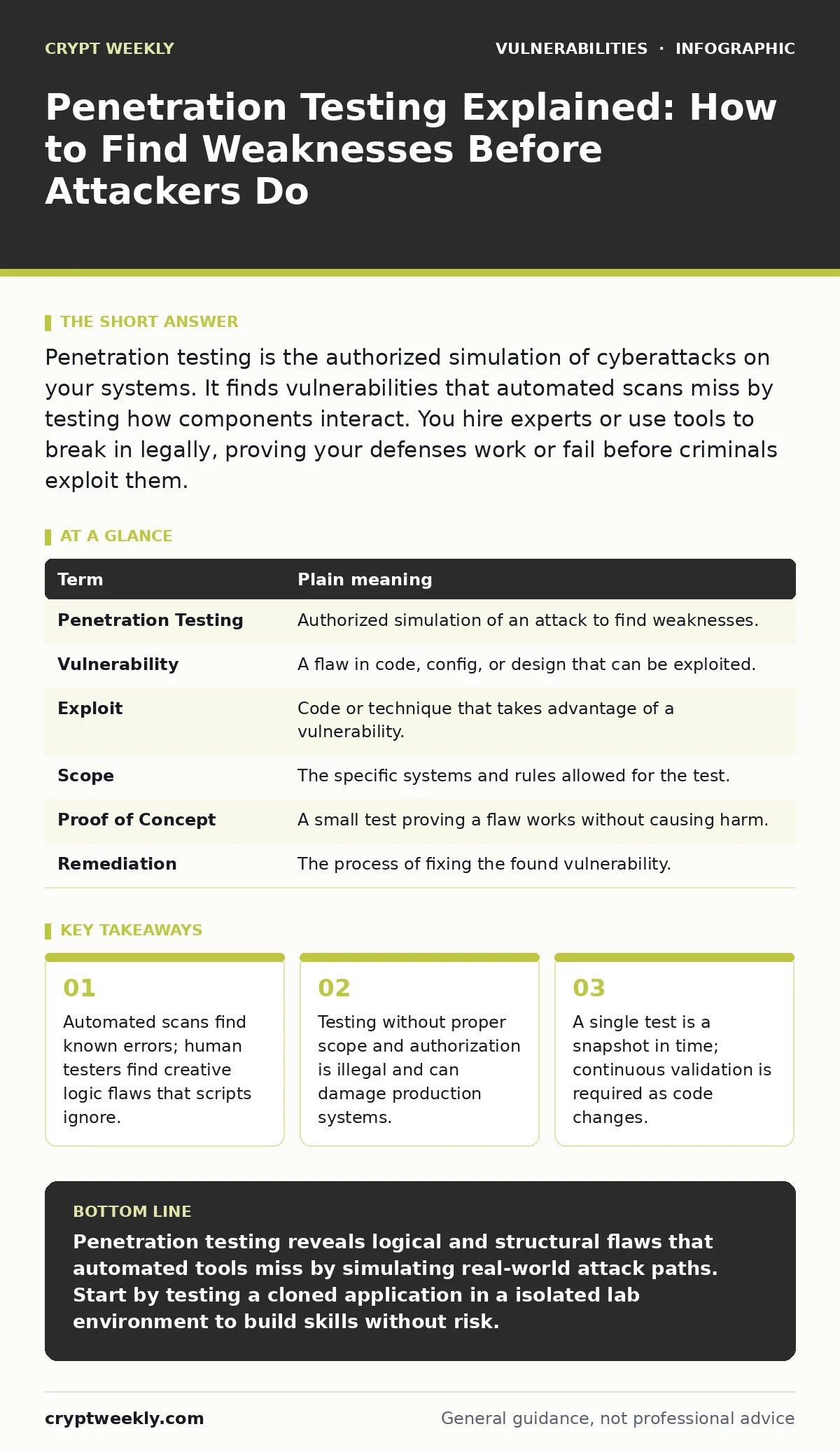 Infographic: Penetration Testing Explained: How to Find Weaknesses Before Attackers Do. Automated scans find known errors; human testers find creative logic flaws that scripts ignore. Testing without proper scope and authorization is illegal and can damage production systems. A single test is a snap