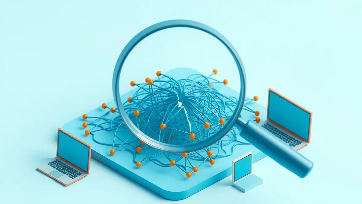 Illustration: A magnifying glass hovers over a complex, tangled web of interconnected digital nodes.