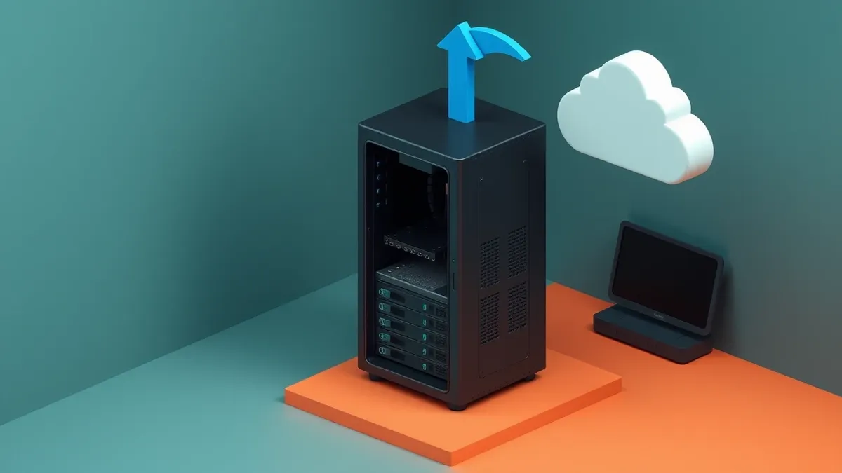 Illustration: A sleek black server tower stands in a dim room with its front panel open to reveal empty drive bays and blank circuit boards.