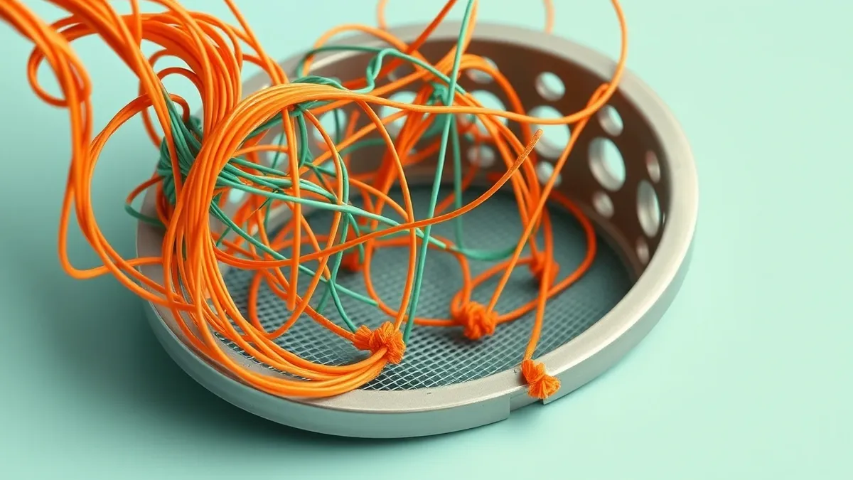 Illustration: A tangled web of colorful strings passes through a rigid metal sieve with large holes.