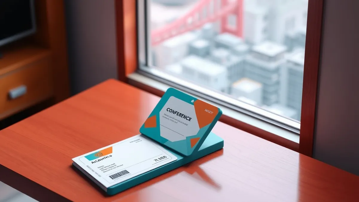 Illustration: A glossy conference badge rests on a polished wooden table near a window overlooking the San Francisco skyline.