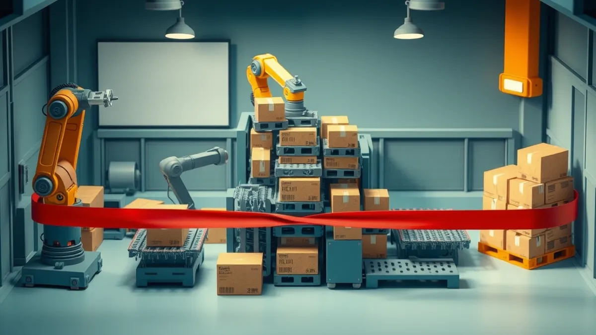 Illustration: An automated warehouse interior stands in disarray as robotic arms halt mid-movement and conveyor belts jam with stacked cardboard boxes.