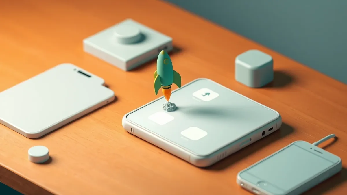 Illustration: A white smartphone rests on a wooden table with a blank screen showing generic app icons.