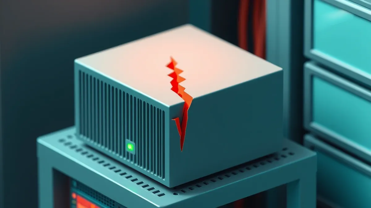 Illustration: A sleek gray network appliance sits on a server shelf with its front panel glowing softly.