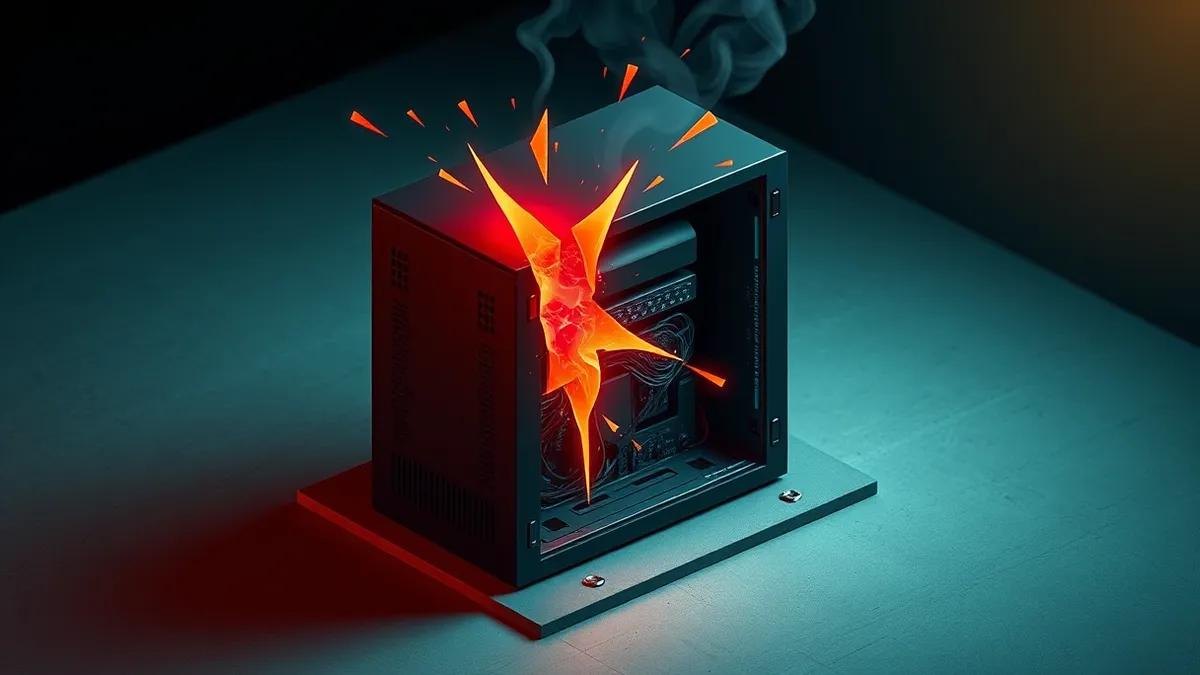 Illustration: A sleek, black database server box sits on a concrete floor with its side panel removed, exposing tangled internal circuitry.